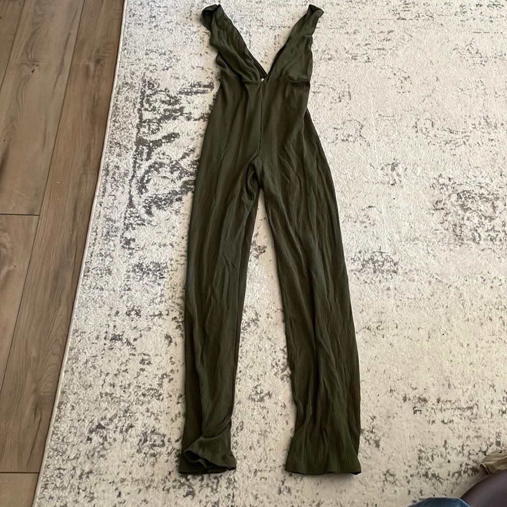 Reformation romper in olive green